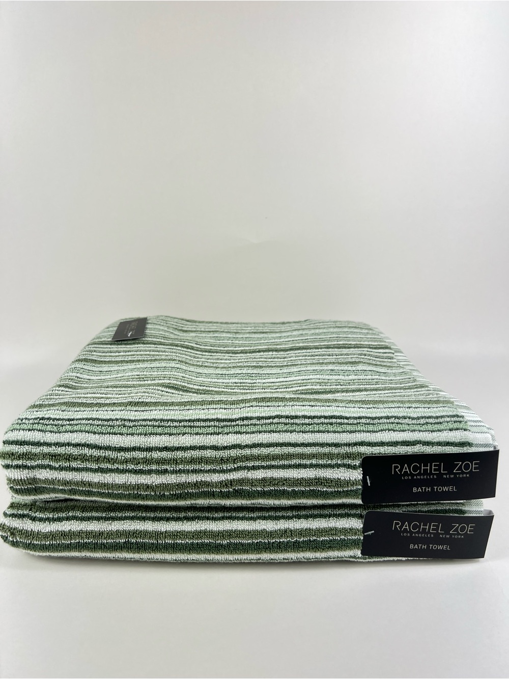 Rachel Zoe Bath Towels Green and White Striped Soft 100% Cotton 2 Pc NEW